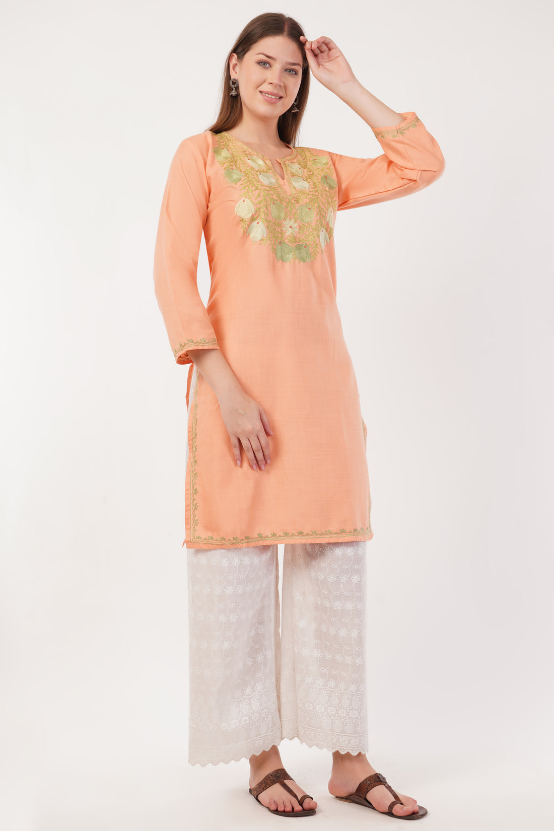 Kashmiri Aari embroidery Cotton Long Kurti Size-40(Peach)