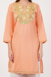 Kashmiri Aari embroidery Cotton Long Kurti Size-40(Peach)