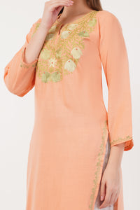 Kashmiri Aari embroidery Cotton Long Kurti Size-40(Peach)