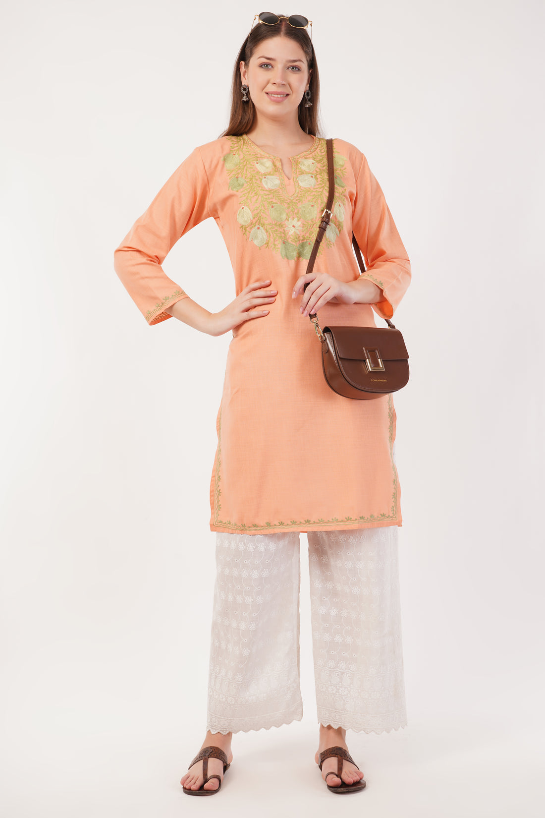 Kashmiri Aari embroidery Cotton Long Kurti Size-40(Peach)