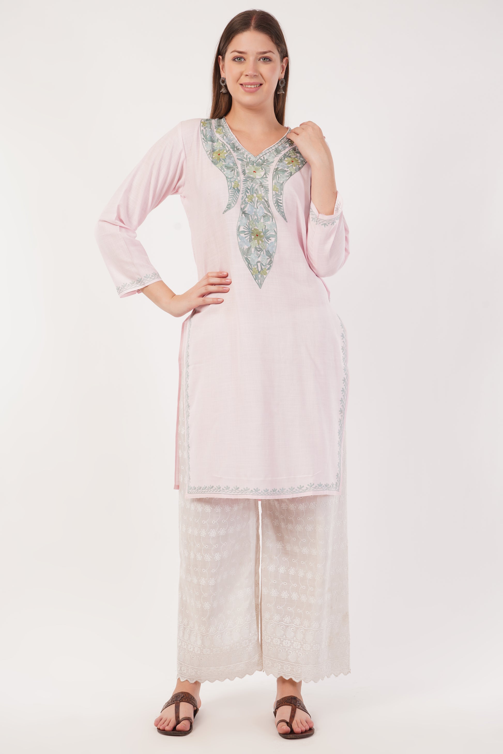 Kashmiri Aari embroidery Cotton Long Kurti Size-40(Baby Pink)