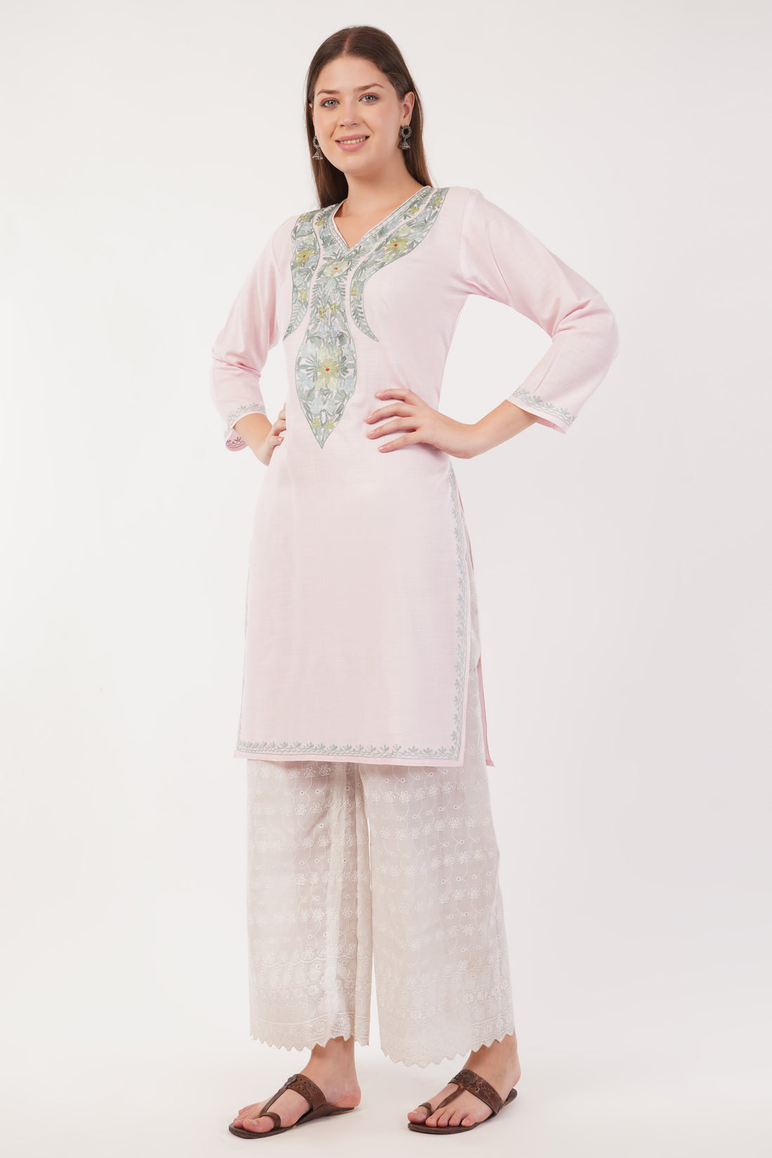 Kashmiri Aari embroidery Cotton Long Kurti Size-40(Baby Pink)