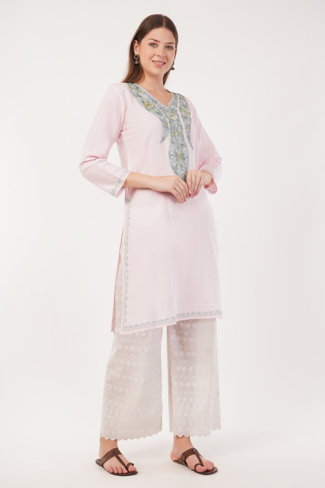 Kashmiri Aari embroidery Cotton Long Kurti Size-40(Baby Pink)