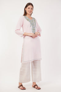 Kashmiri Aari embroidery Cotton Long Kurti Size-40(Baby Pink)
