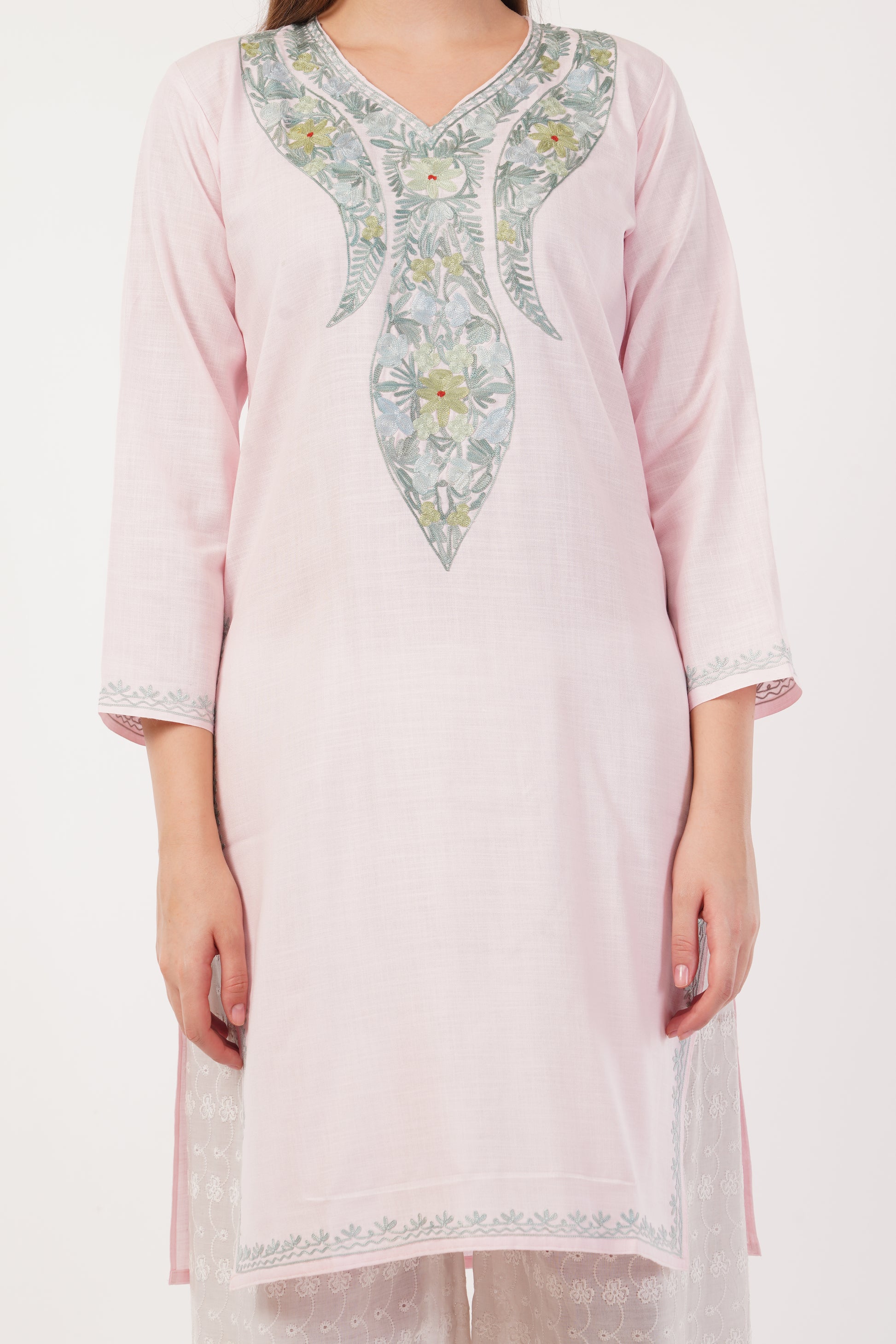 Kashmiri Aari embroidery Cotton Long Kurti Size-40(Baby Pink)