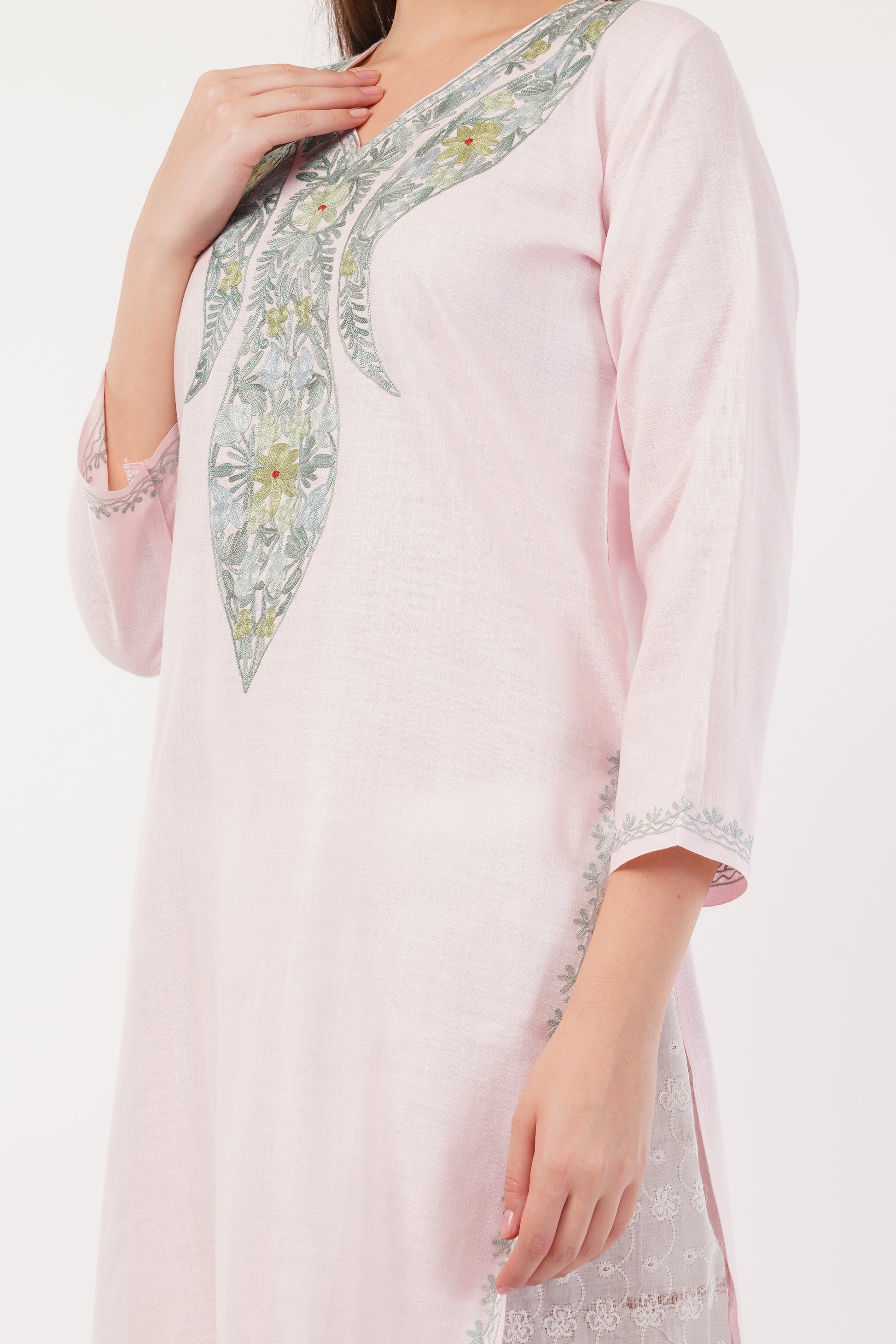 Kashmiri Aari embroidery Cotton Long Kurti Size-40(Baby Pink)