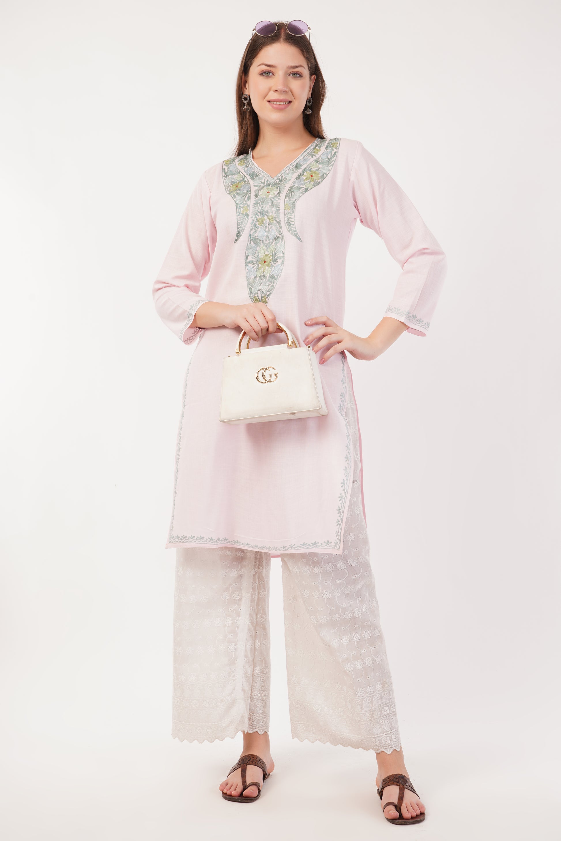Kashmiri Aari embroidery Cotton Long Kurti Size-40(Baby Pink)