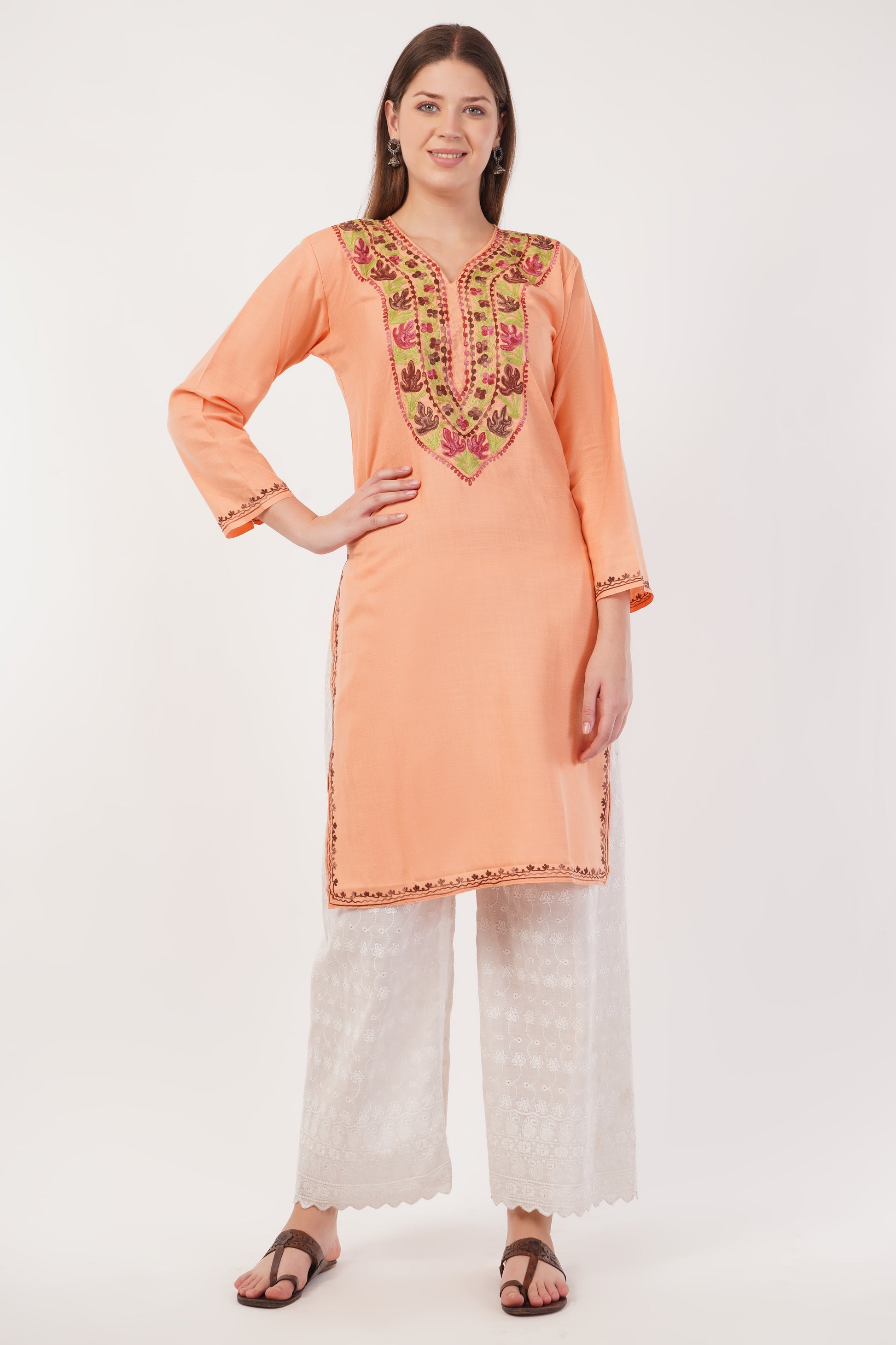 Kashmiri Aari embroidery Cotton Long Kurti Size-40(Peach)