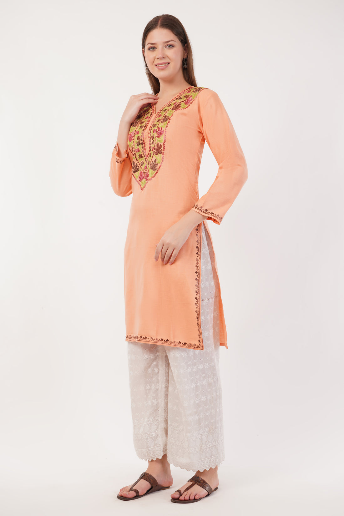 Kashmiri Aari embroidery Cotton Long Kurti Size-40(Peach)