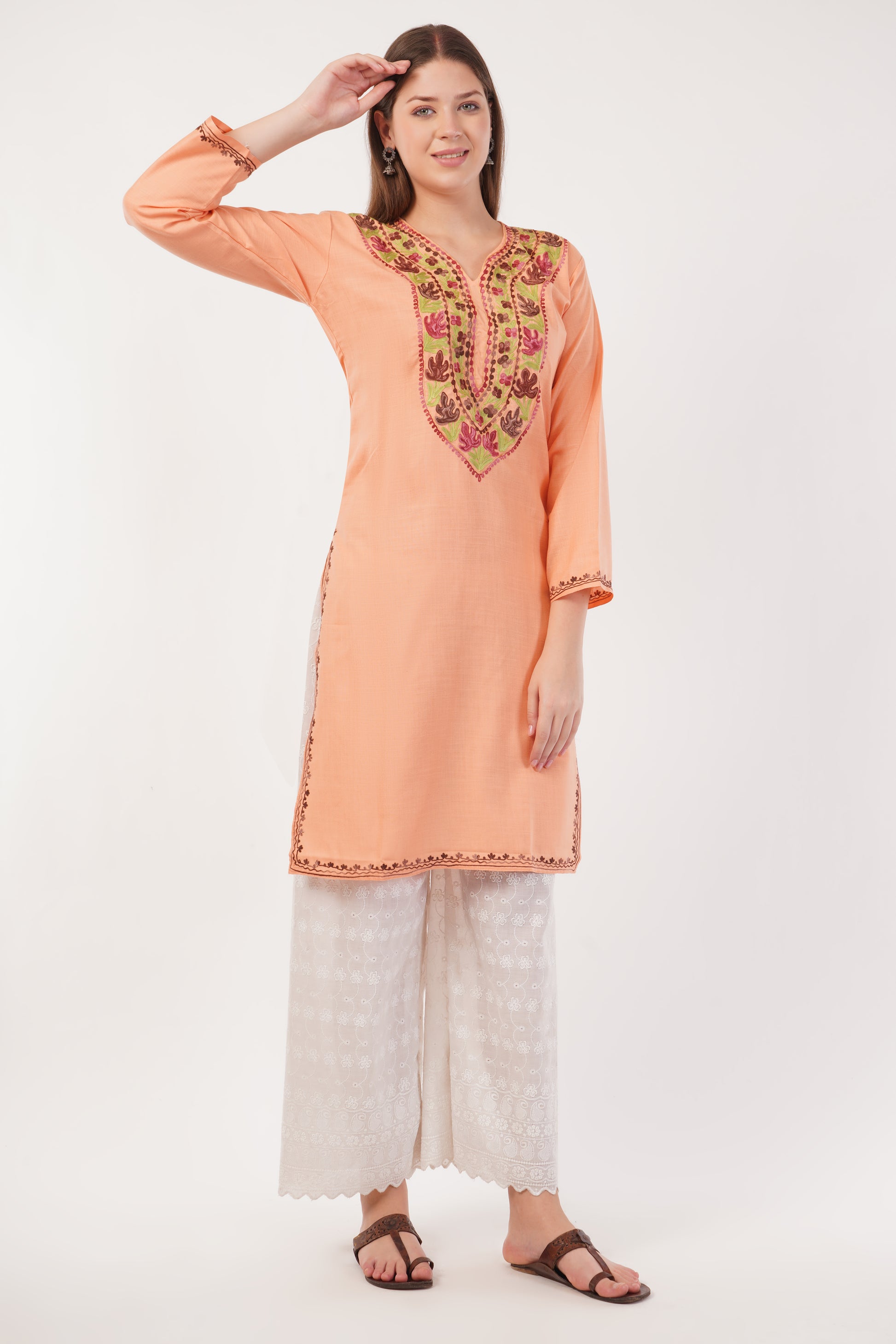 Kashmiri Aari embroidery Cotton Long Kurti Size-40(Peach)