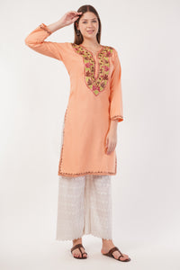 Kashmiri Aari embroidery Cotton Long Kurti Size-40(Peach)