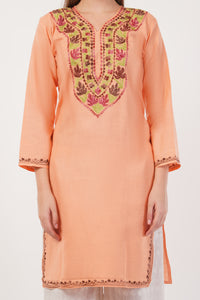 Kashmiri Aari embroidery Cotton Long Kurti Size-40(Peach)