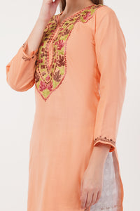 Kashmiri Aari embroidery Cotton Long Kurti Size-40(Peach)