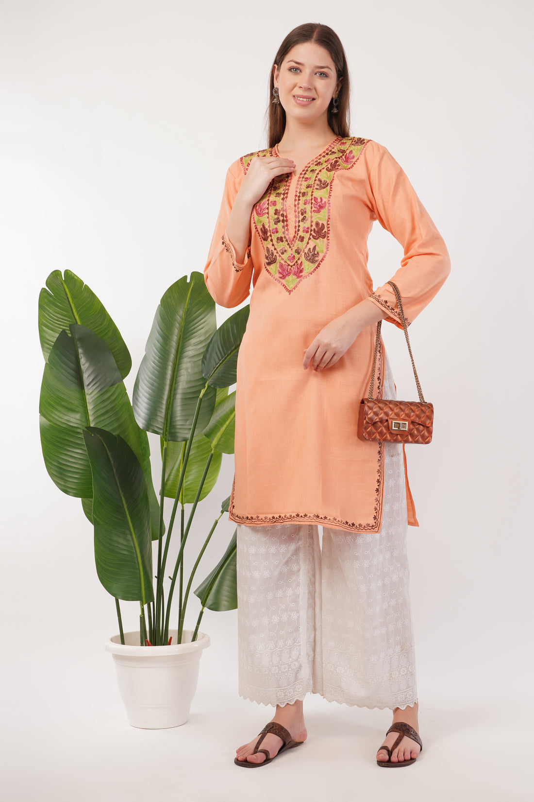 Kashmiri Aari embroidery Cotton Long Kurti Size-40(Peach)