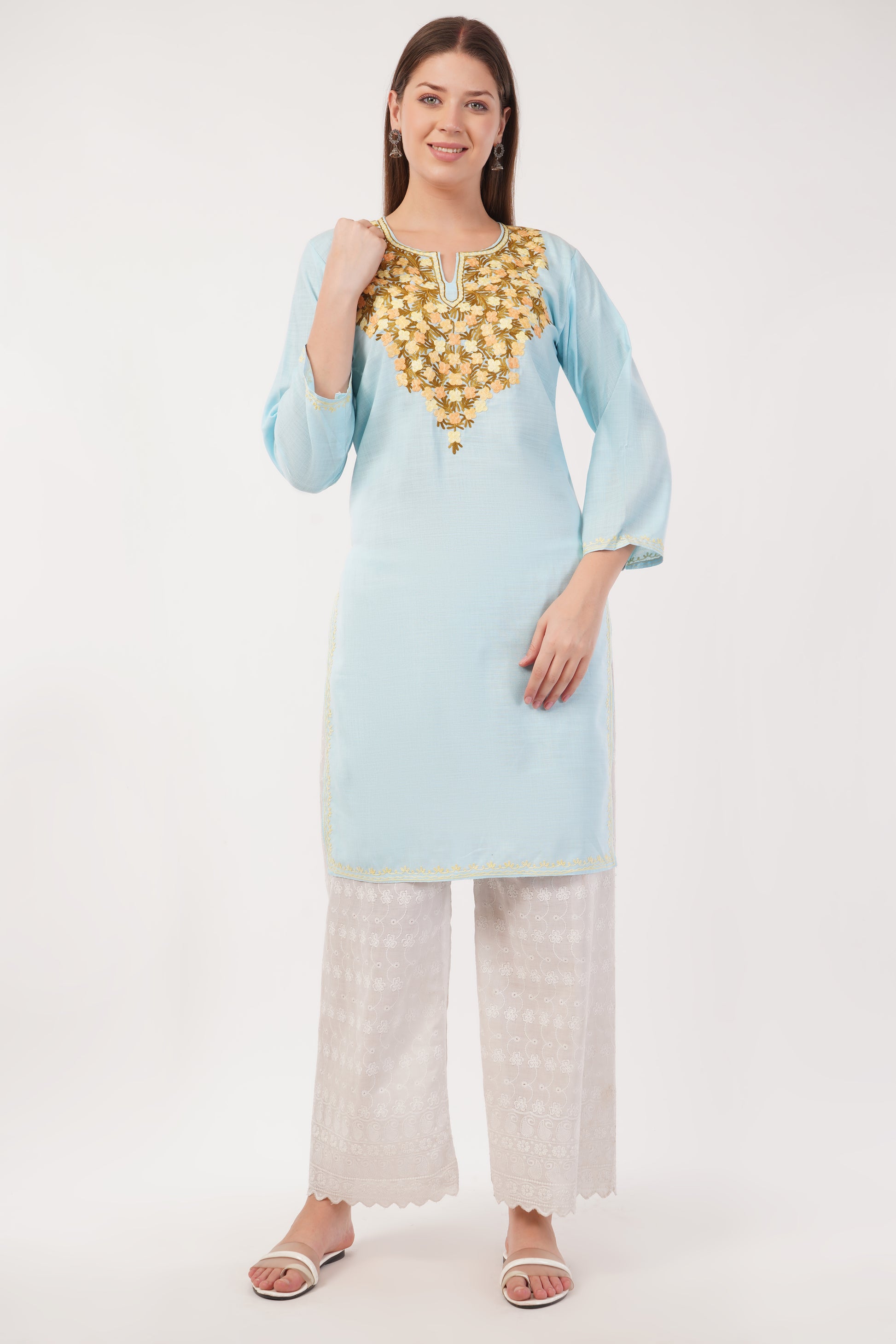 Kashmiri Aari embroidery Cotton Long Kurti Size-40(Sky Blue)