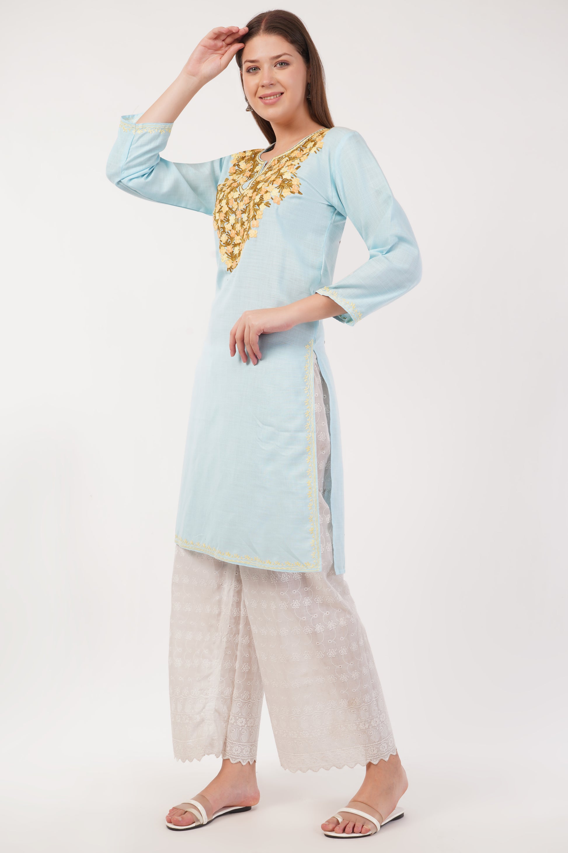 Kashmiri Aari embroidery Cotton Long Kurti Size-40(Sky Blue)