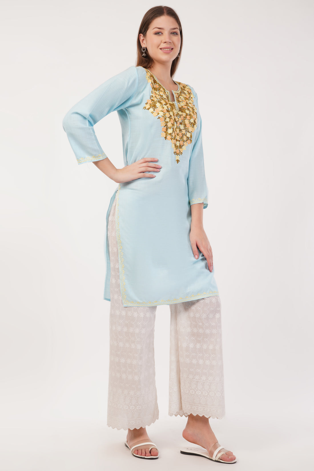 Kashmiri Aari embroidery Cotton Long Kurti Size-40(Sky Blue)