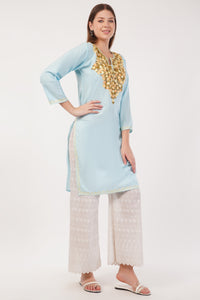 Kashmiri Aari embroidery Cotton Long Kurti Size-40(Sky Blue)