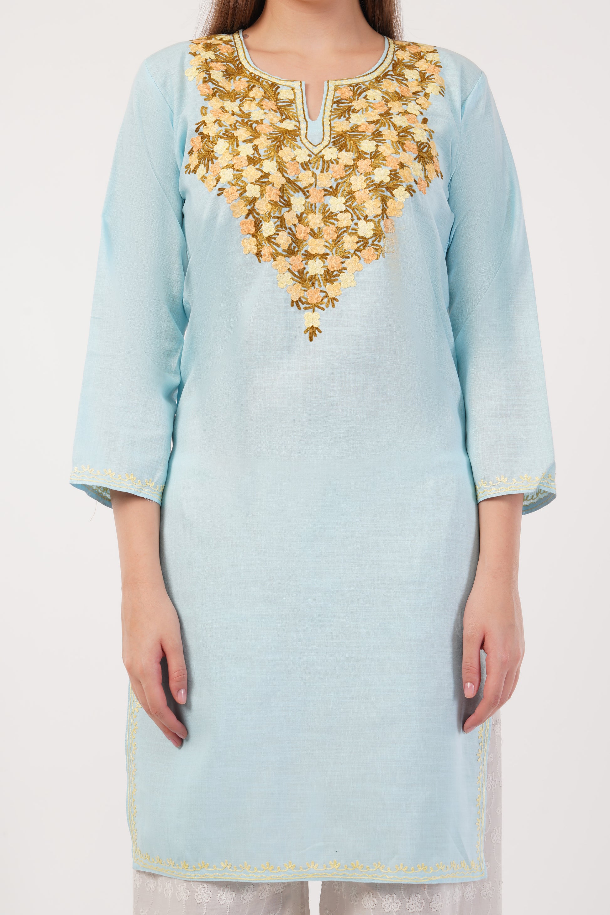 Kashmiri Aari embroidery Cotton Long Kurti Size-40(Sky Blue)