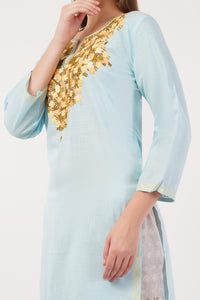 Kashmiri Aari embroidery Cotton Long Kurti Size-40(Sky Blue)