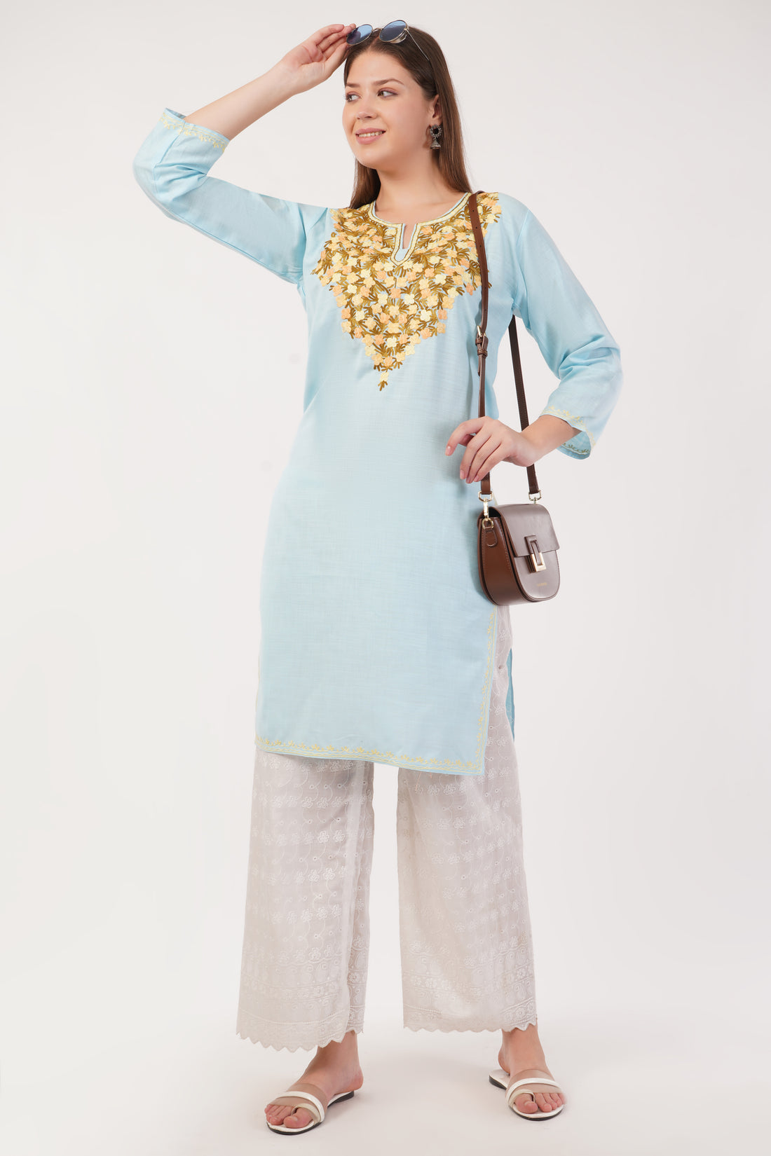 Kashmiri Aari embroidery Cotton Long Kurti Size-40(Sky Blue)