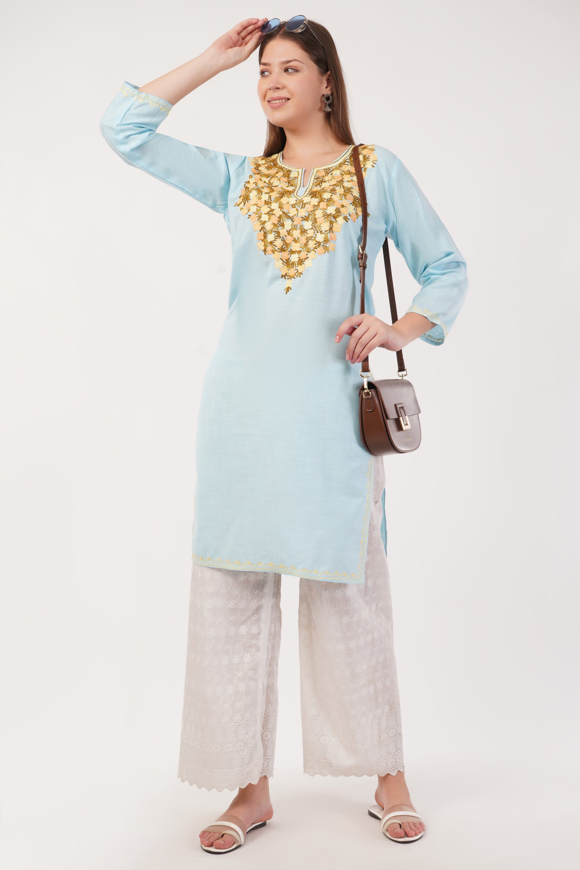 Kashmiri Aari embroidery Cotton Long Kurti Size-40(Sky Blue)