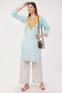 Kashmiri Aari embroidery Cotton Long Kurti Size-40(Sky Blue)