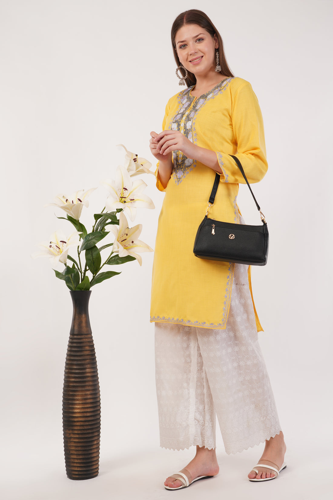 Kashmiri Aari embroidery Cotton Long Kurti Size-40(Yellow)