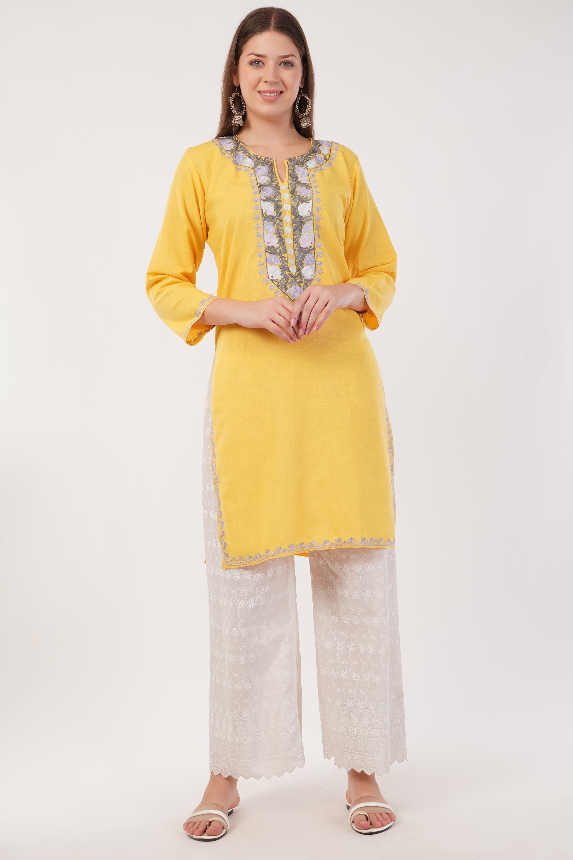 Kashmiri Aari embroidery Cotton Long Kurti Size-40(Yellow)