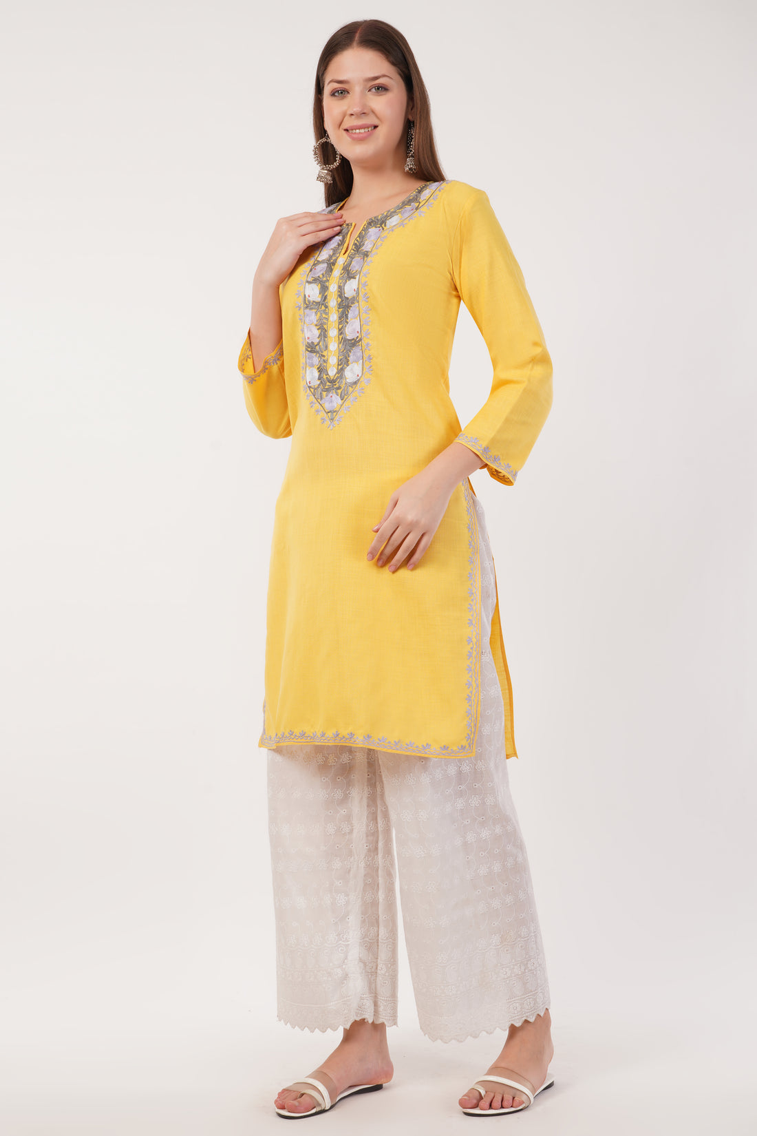Kashmiri Aari embroidery Cotton Long Kurti Size-40(Yellow)