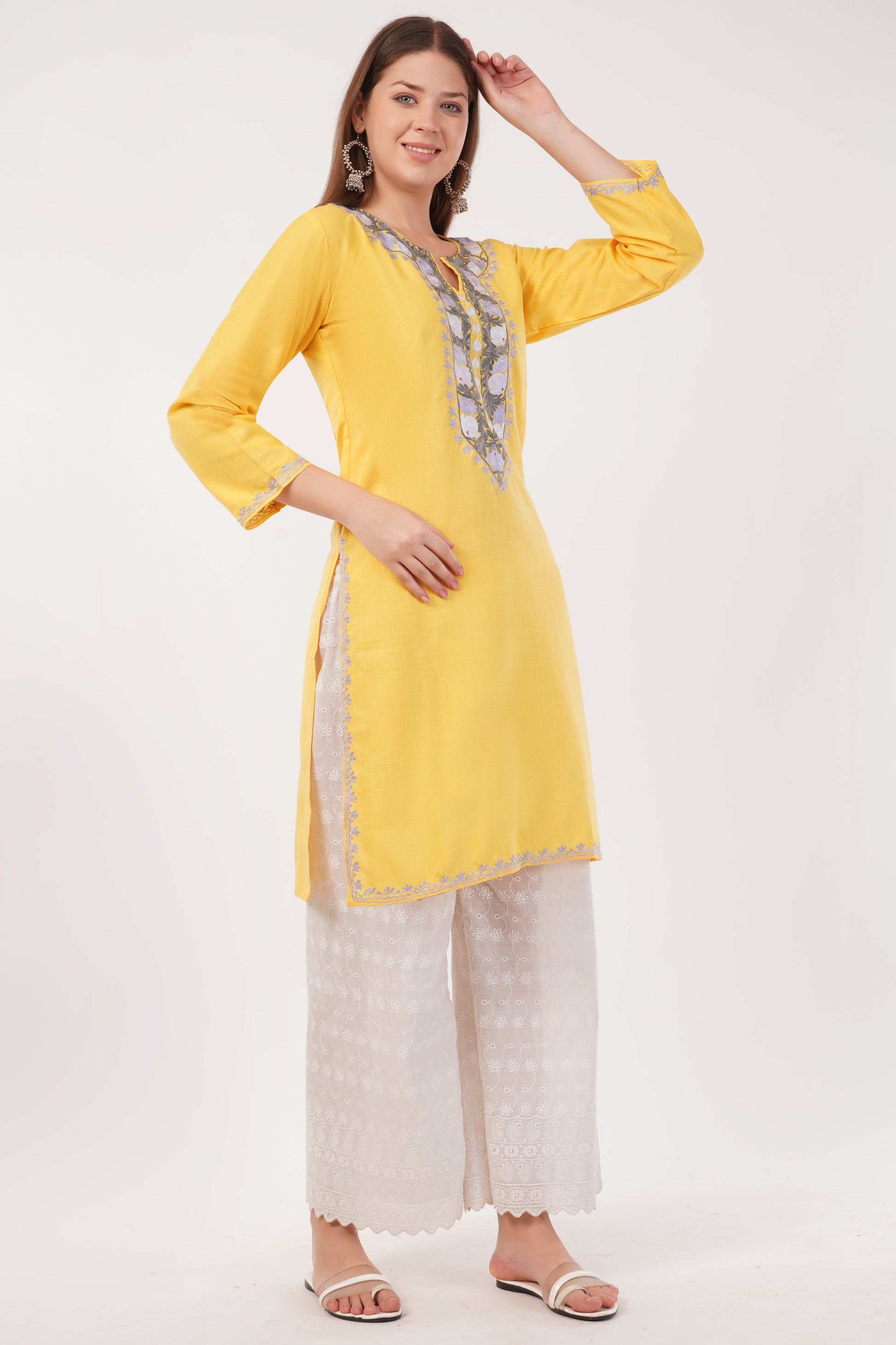 Kashmiri Aari embroidery Cotton Long Kurti Size-40(Yellow)
