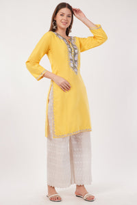 Kashmiri Aari embroidery Cotton Long Kurti Size-40(Yellow)
