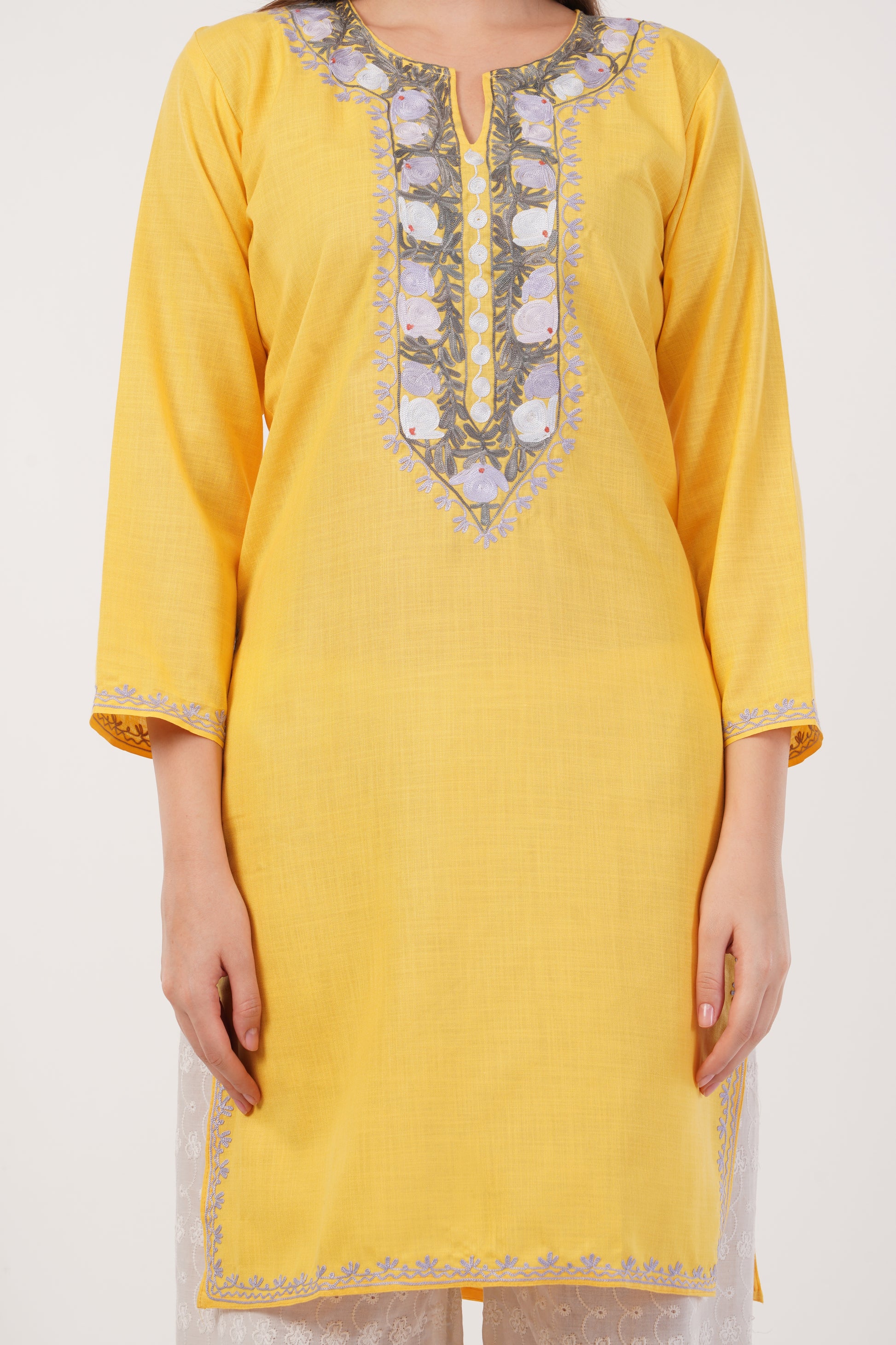 Kashmiri Aari embroidery Cotton Long Kurti Size-40(Yellow)