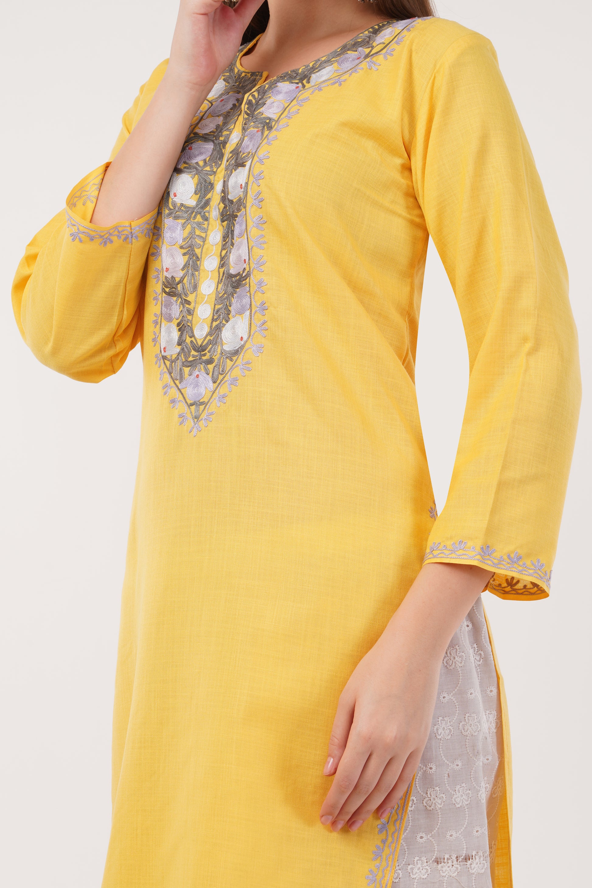 Kashmiri Aari embroidery Cotton Long Kurti Size-40(Yellow)