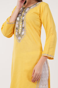 Kashmiri Aari embroidery Cotton Long Kurti Size-40(Yellow)