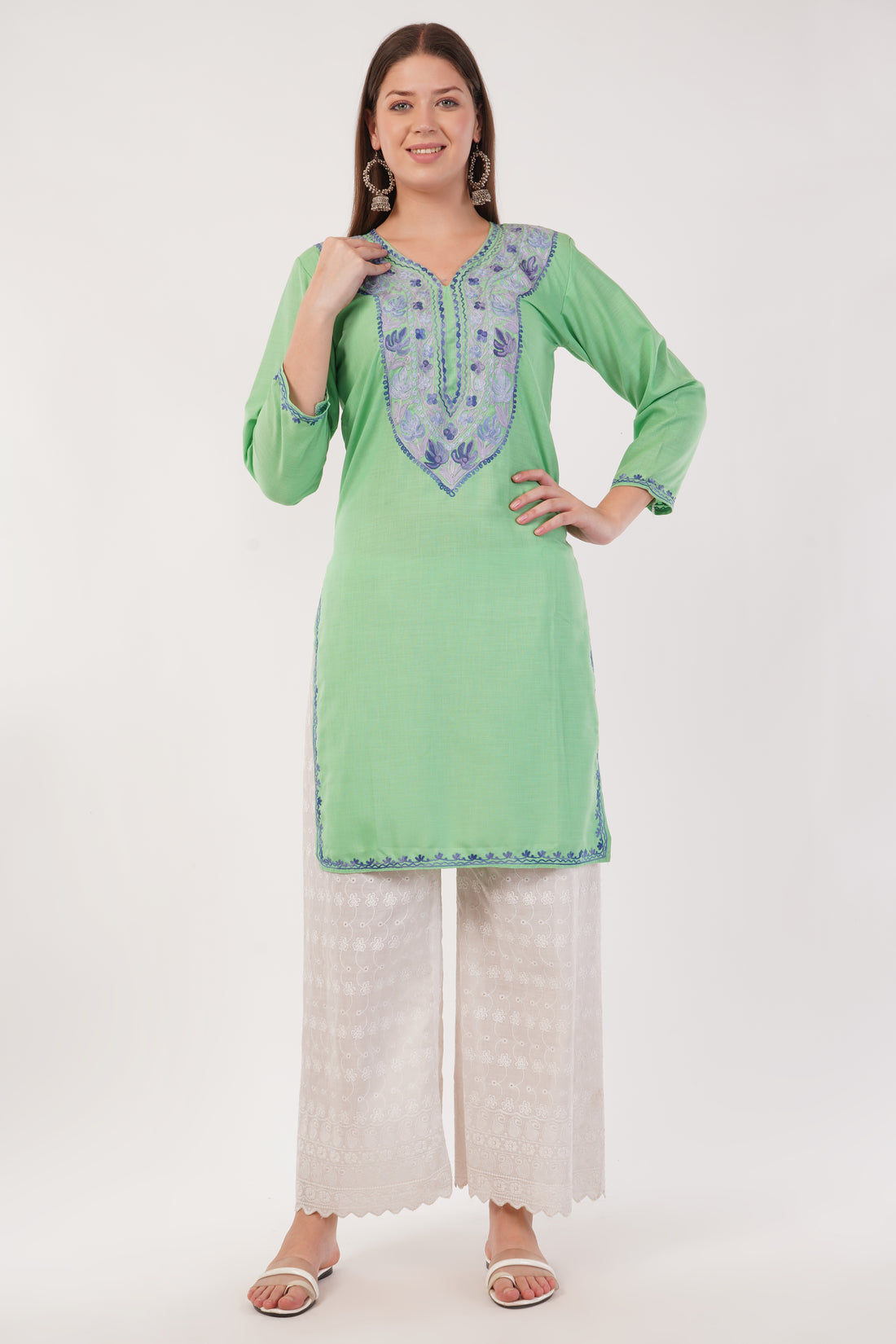 Kashmiri Aari embroidery Cotton Long Kurti Size-40(Green)