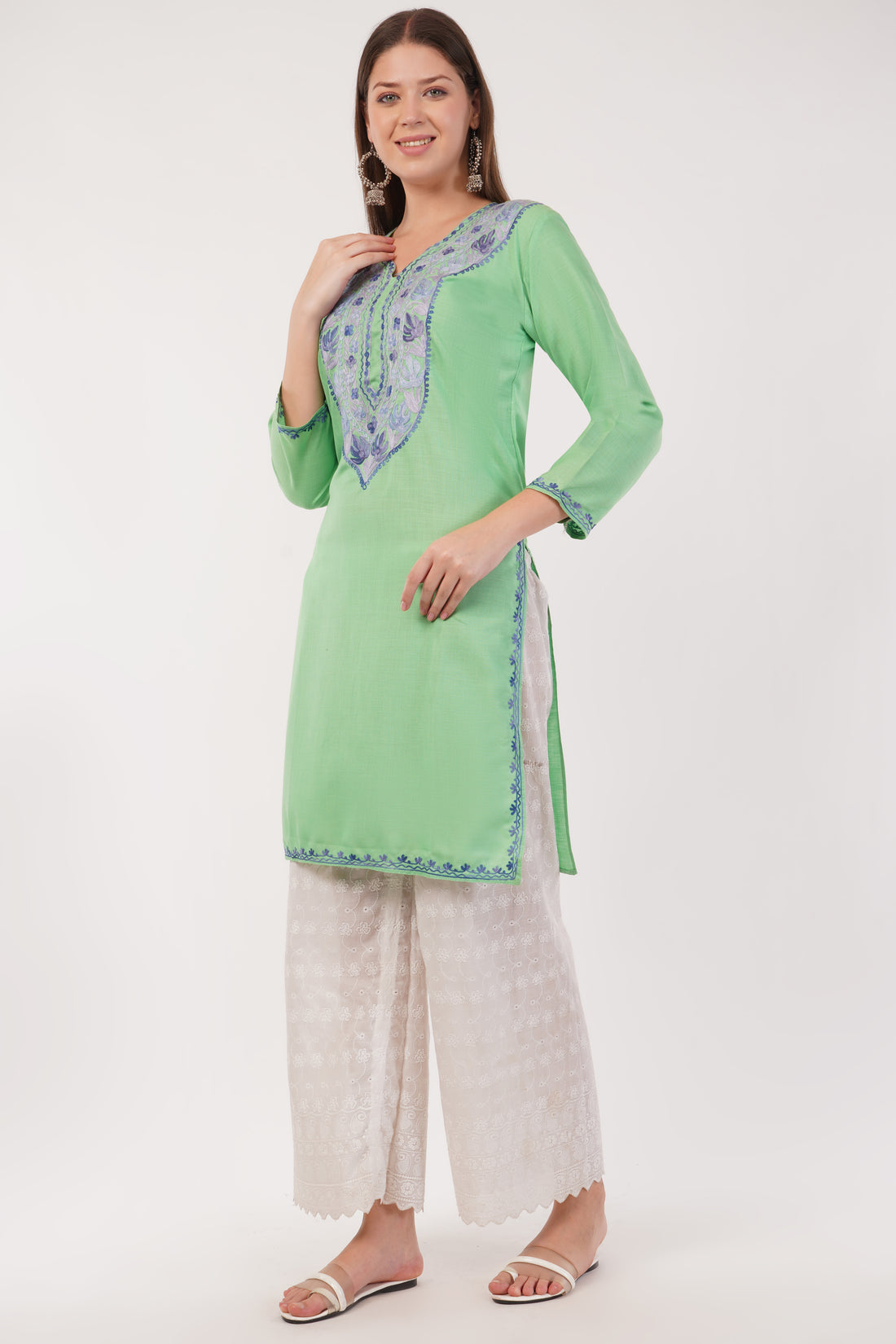 Kashmiri Aari embroidery Cotton Long Kurti Size-40(Green)