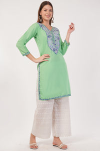 Kashmiri Aari embroidery Cotton Long Kurti Size-40(Green)