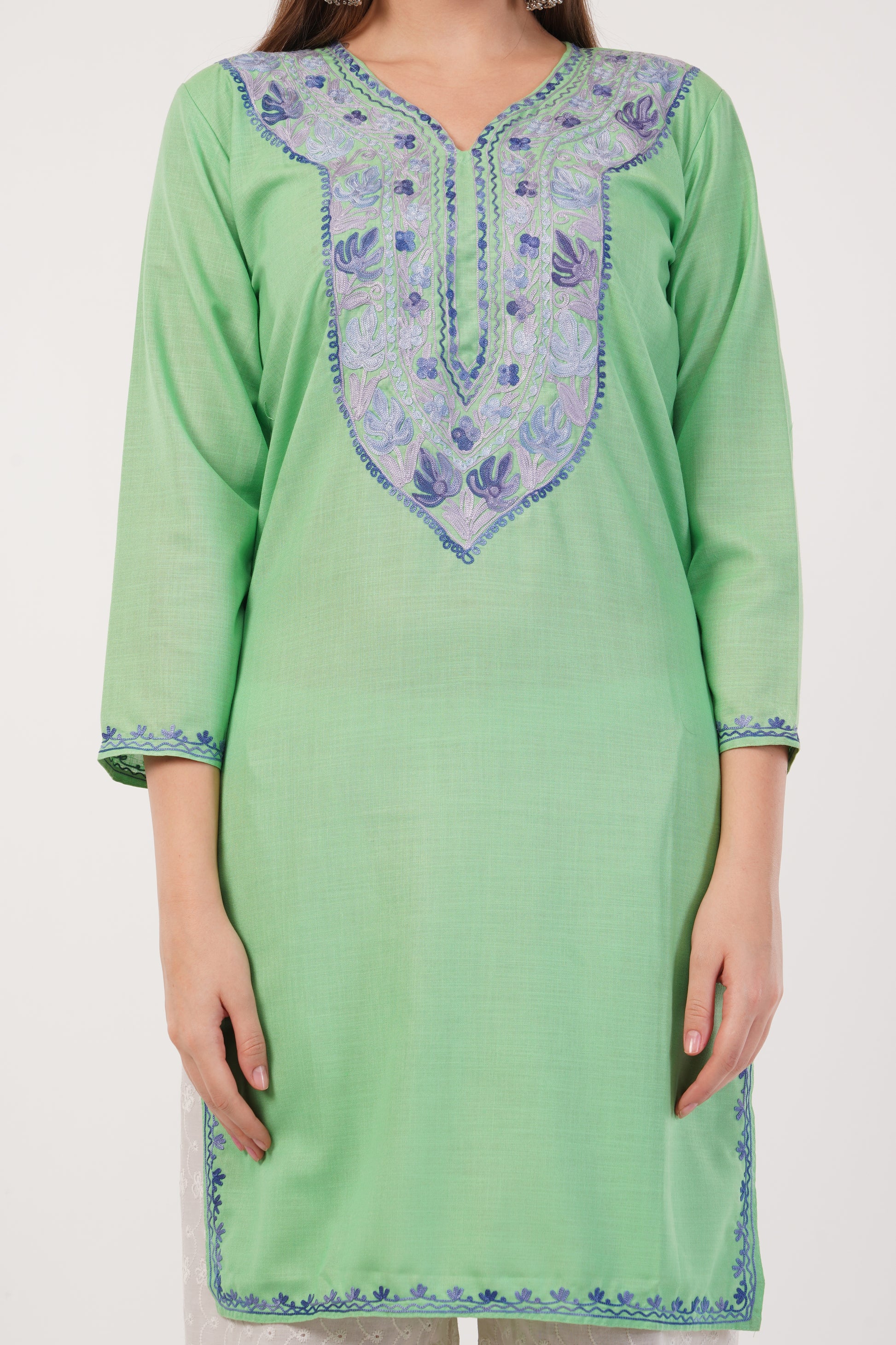 Kashmiri Aari embroidery Cotton Long Kurti Size-40(Green)