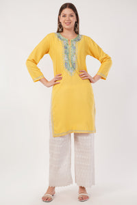 Kashmiri Aari embroidery Cotton Long Kurti Size-40(Yellow)