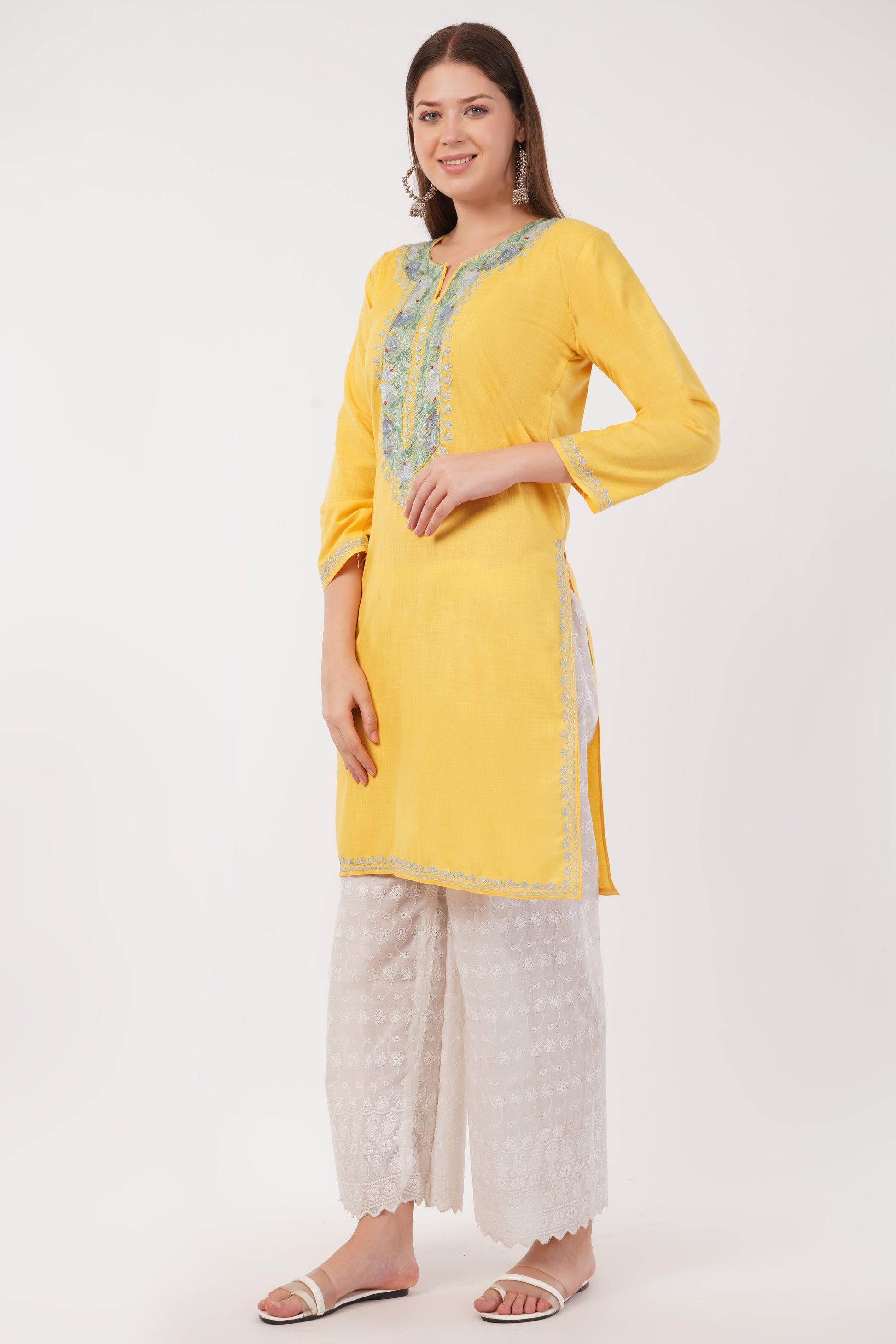 Kashmiri Aari embroidery Cotton Long Kurti Size-40(Yellow)