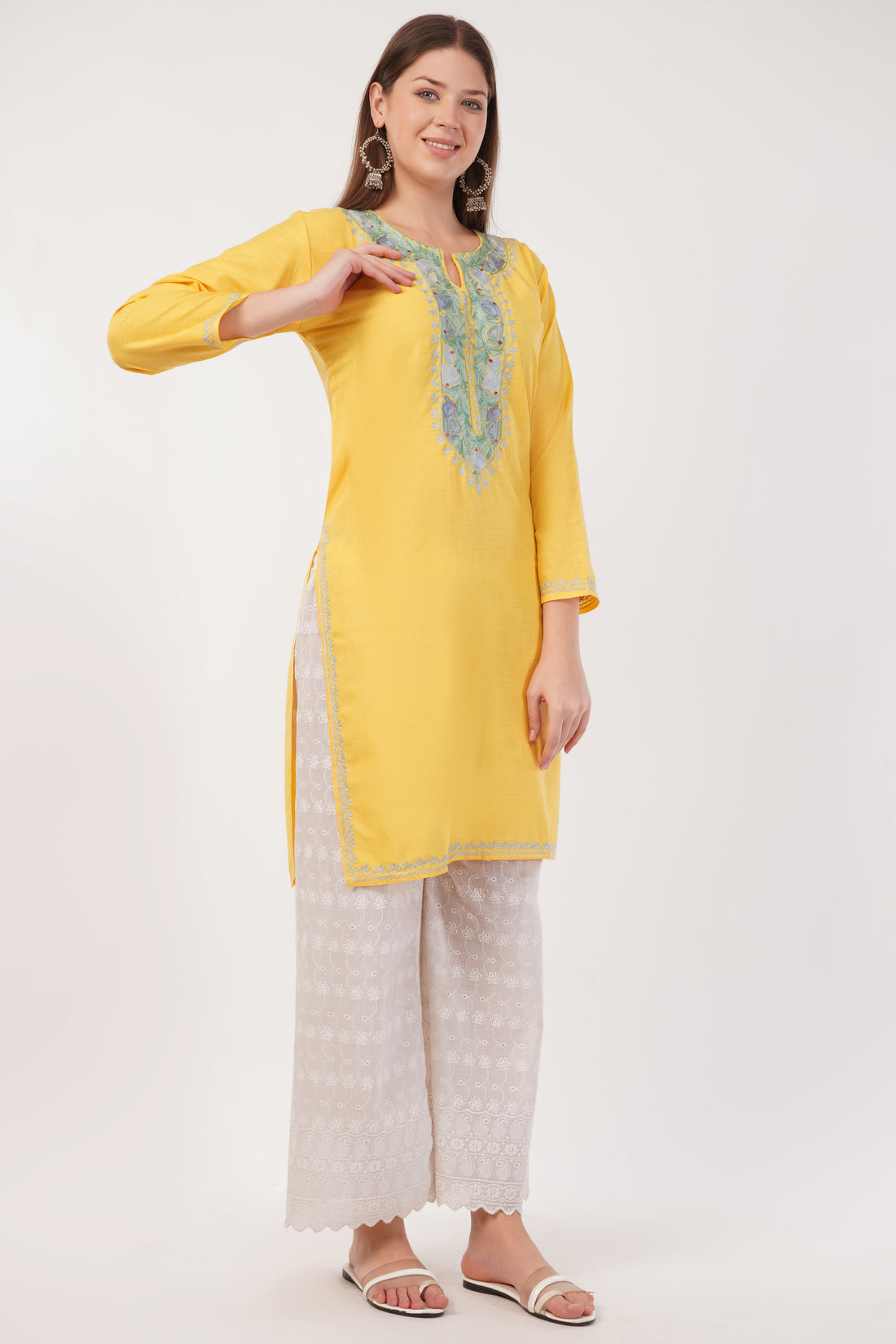 Kashmiri Aari embroidery Cotton Long Kurti Size-40(Yellow)