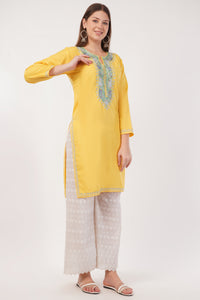 Kashmiri Aari embroidery Cotton Long Kurti Size-40(Yellow)