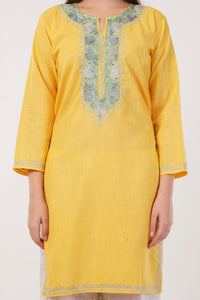 Kashmiri Aari embroidery Cotton Long Kurti Size-40(Yellow)