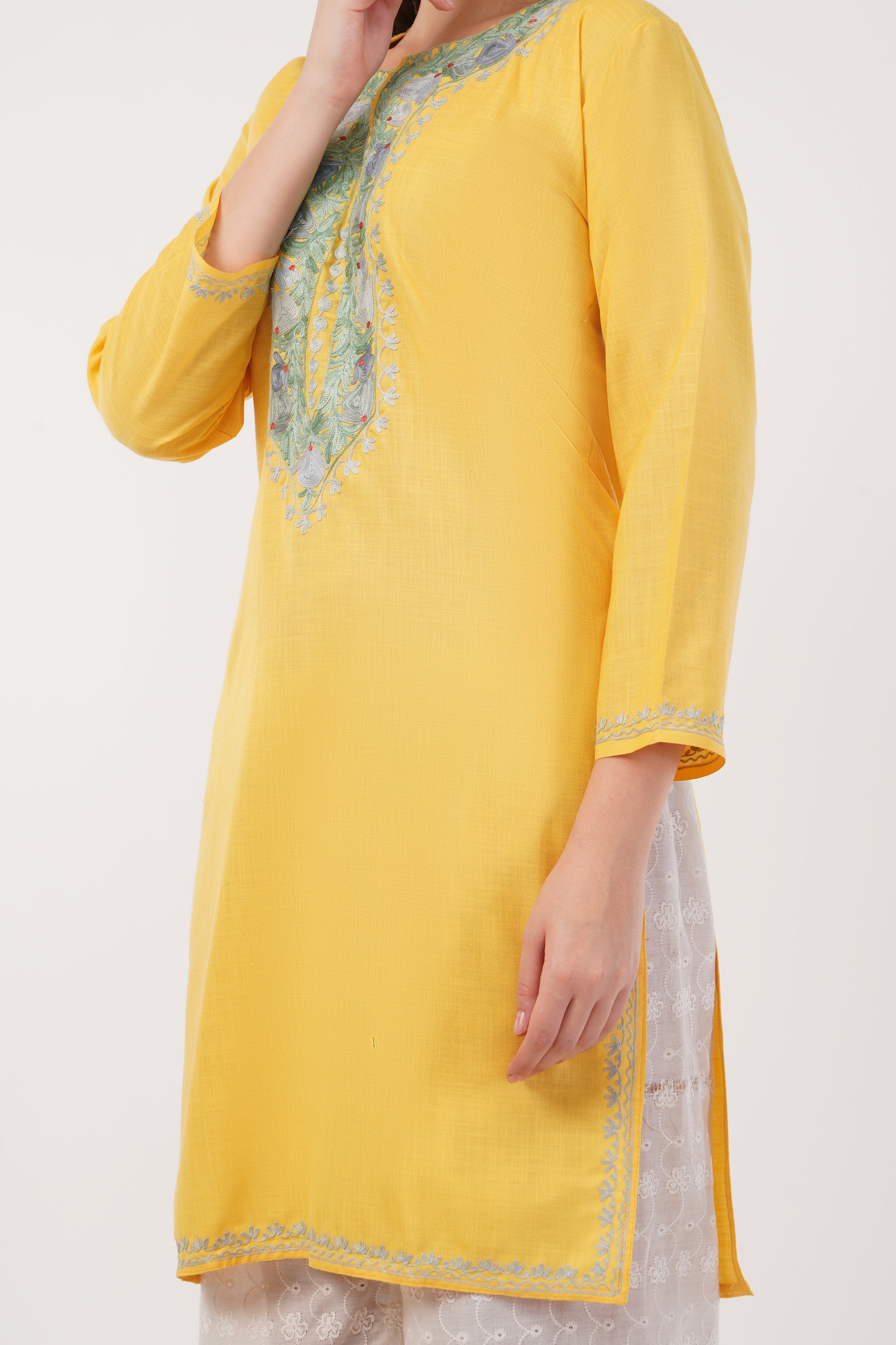 Kashmiri Aari embroidery Cotton Long Kurti Size-40(Yellow)