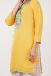 Kashmiri Aari embroidery Cotton Long Kurti Size-40(Yellow)