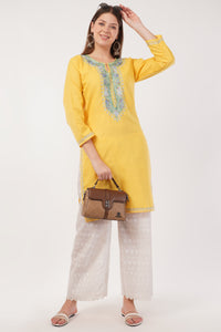 Kashmiri Aari embroidery Cotton Long Kurti Size-40(Yellow)