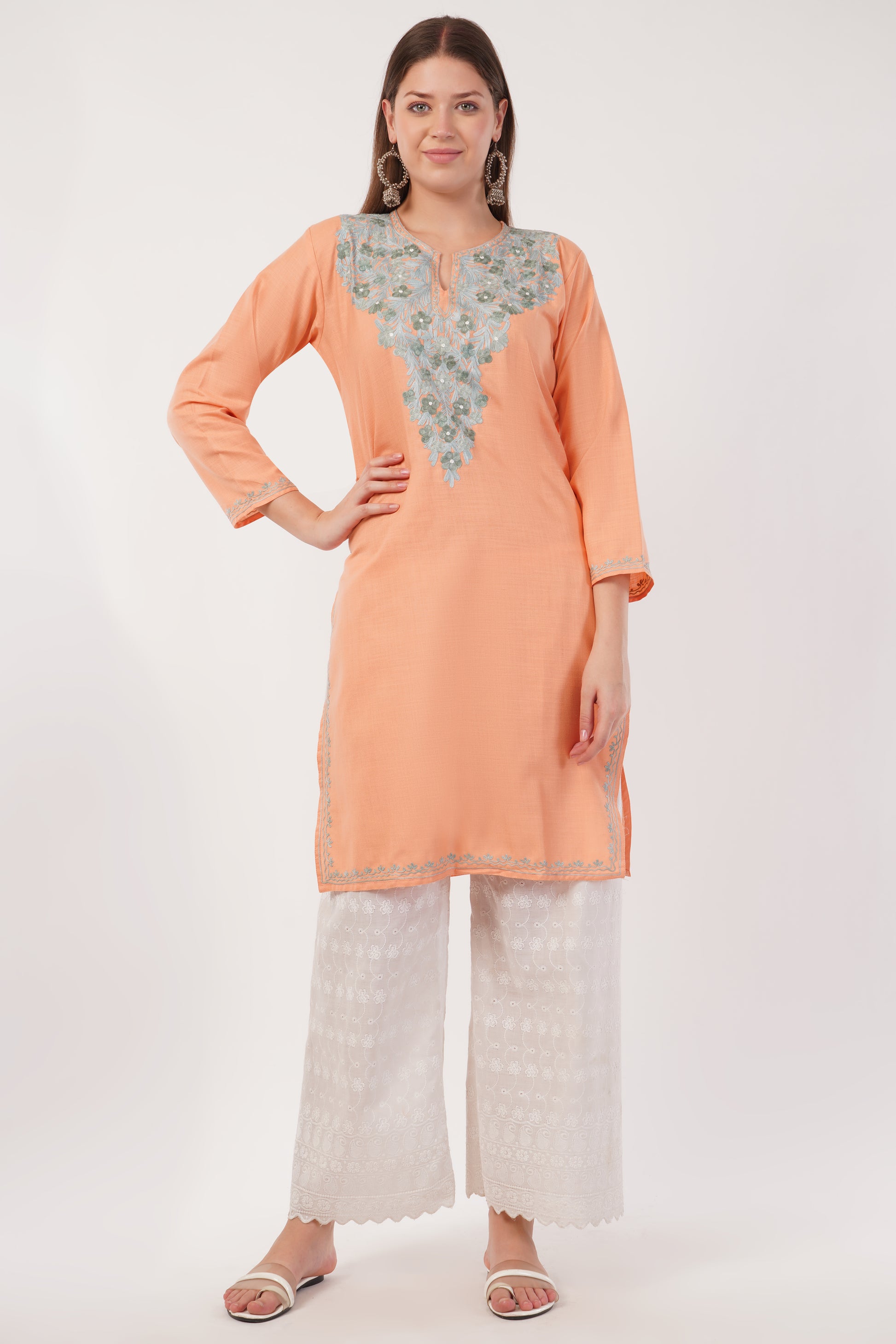 Kashmiri Aari embroidery Cotton Long Kurti Size-40(Peach)