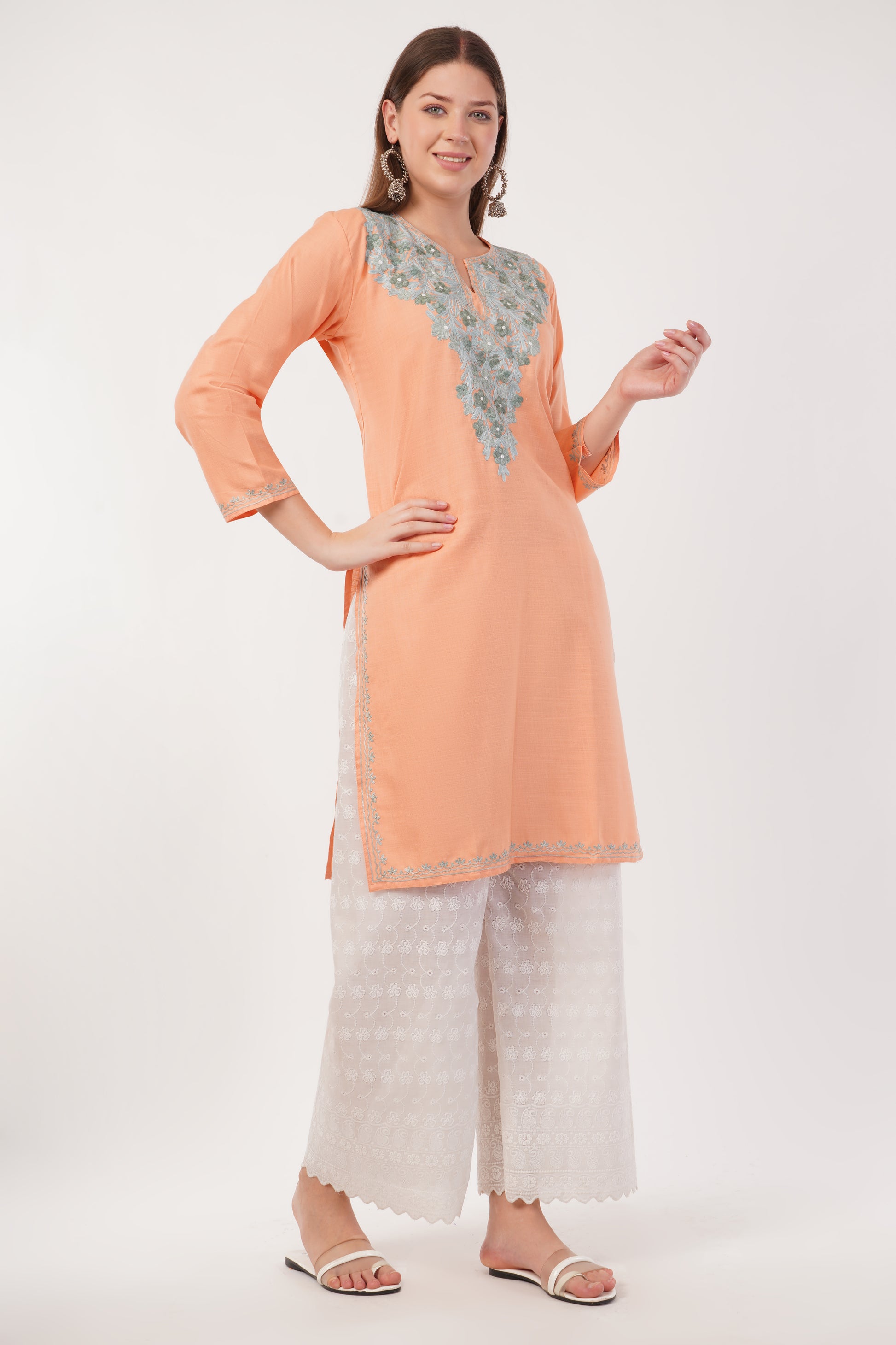 Kashmiri Aari embroidery Cotton Long Kurti Size-40(Peach)