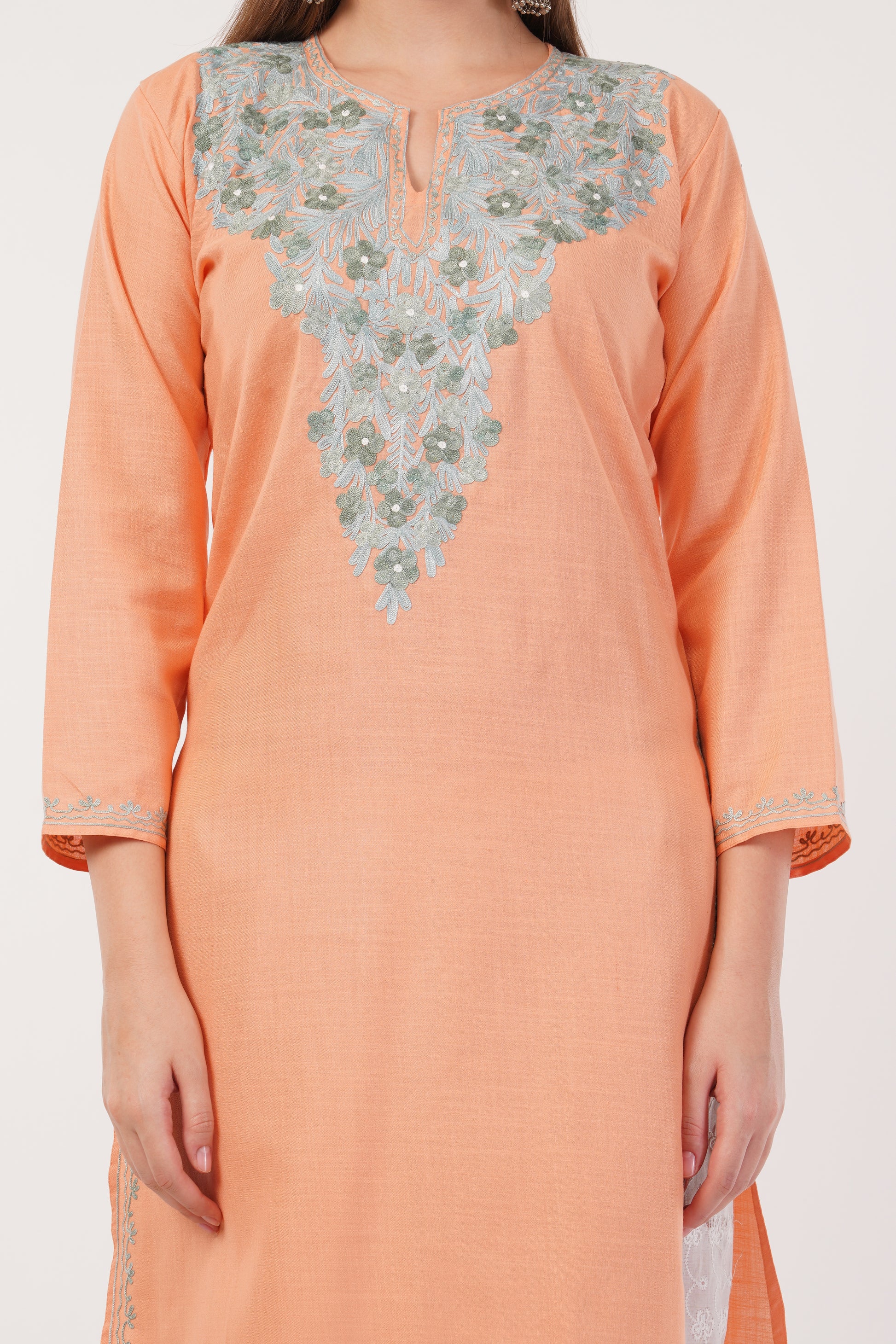 Kashmiri Aari embroidery Cotton Long Kurti Size-40(Peach)